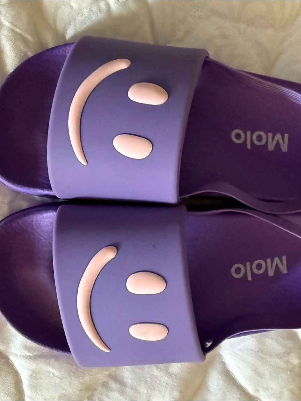 Molo Kids Zhappy Purple Slide Sandals with Pink Smiley Accents